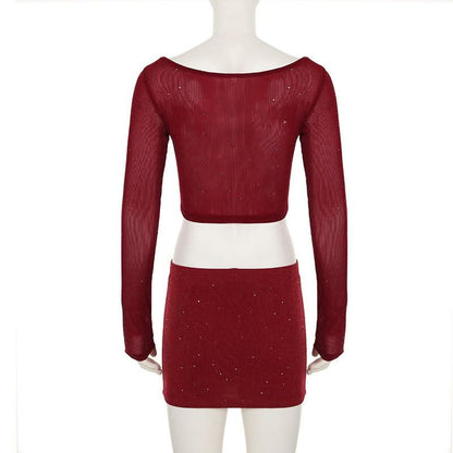 Crewneck long sleeve glitter crop mini skirt set