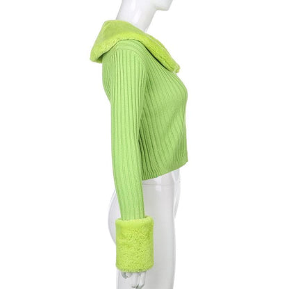 Button fluffy turnover collar knitted long sleeve cardigan top