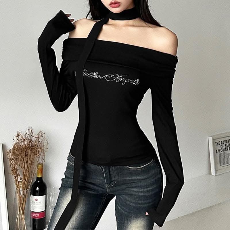 Beaded off shoulder long sleeve ruched solid top-final-sale