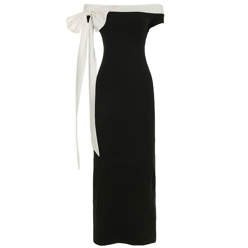 Bowknot off shoulder irregular contrast maxi dress
