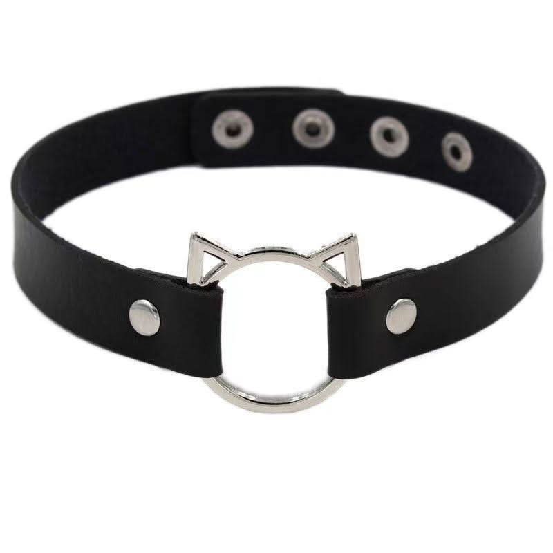 PU leather rivet o ring metal chain necklace