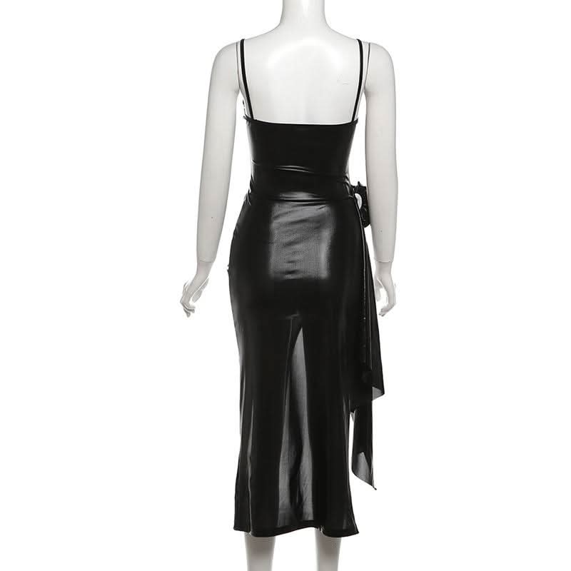 PU leather slit flower applique cami midi dress
