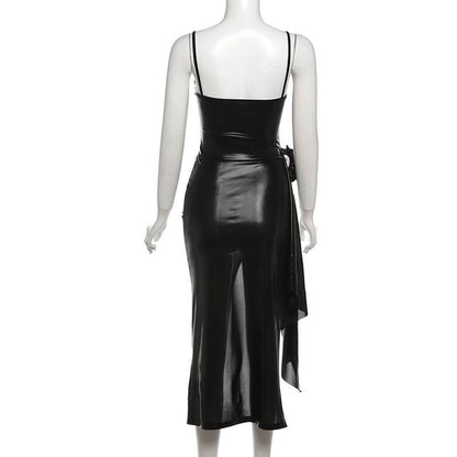 PU leather slit flower applique cami midi dress