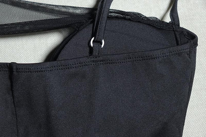 Irregular high slit ruched mesh hollow out cami cut out maxi dress