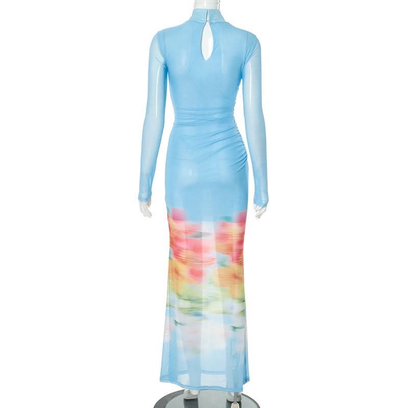 High neck long sleeve ruched mesh flower print maxi dress