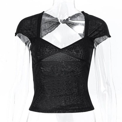 V neck hollow out knotted short sleeve low cut backless crop cut out top