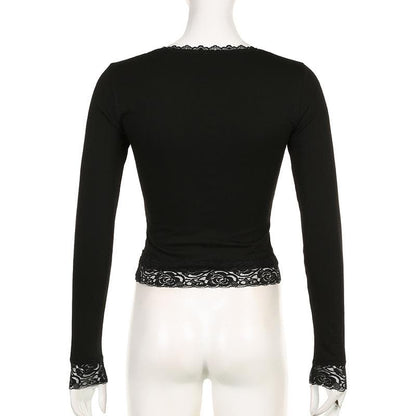 Lace hem solid square neck long sleeve top