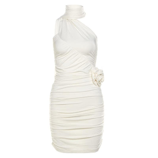 Halter ruched flower applique backless mini dress