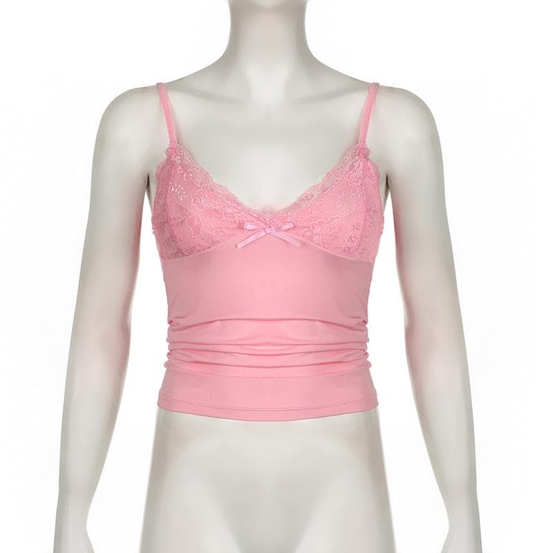 Bowknot v neck lace backless patchwork solid cami top