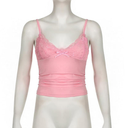 Bowknot v neck lace backless patchwork solid cami top