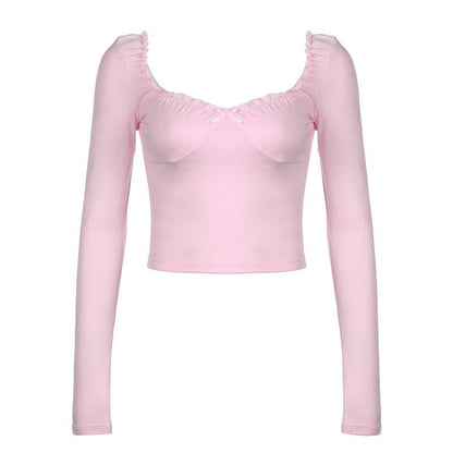 Long sleeve bowknot sweetheart neck ruffle top
