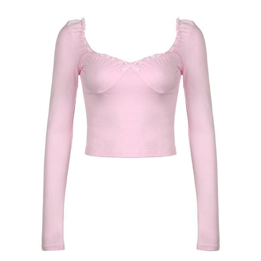Long sleeve bowknot sweetheart neck ruffle top