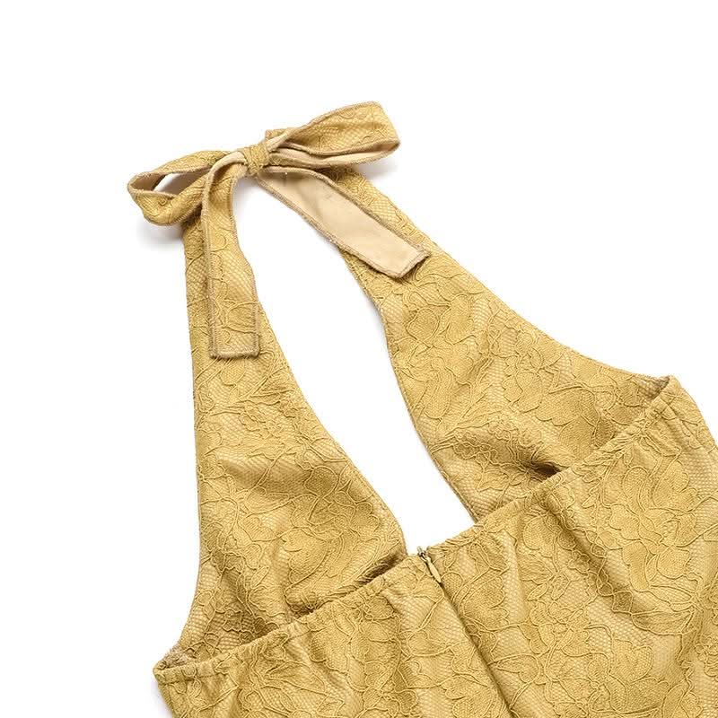 Halter self tie hollow out slit zip-up lace cut out maxi dress