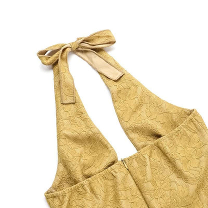 Halter self tie hollow out slit zip-up lace cut out maxi dress