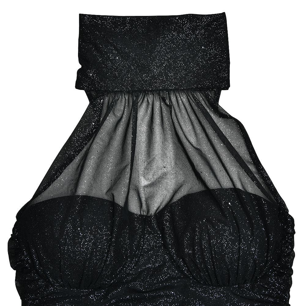 High neck ruched glitter zip-up slit backless maxi dress