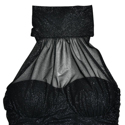 High neck ruched glitter zip-up slit backless maxi dress