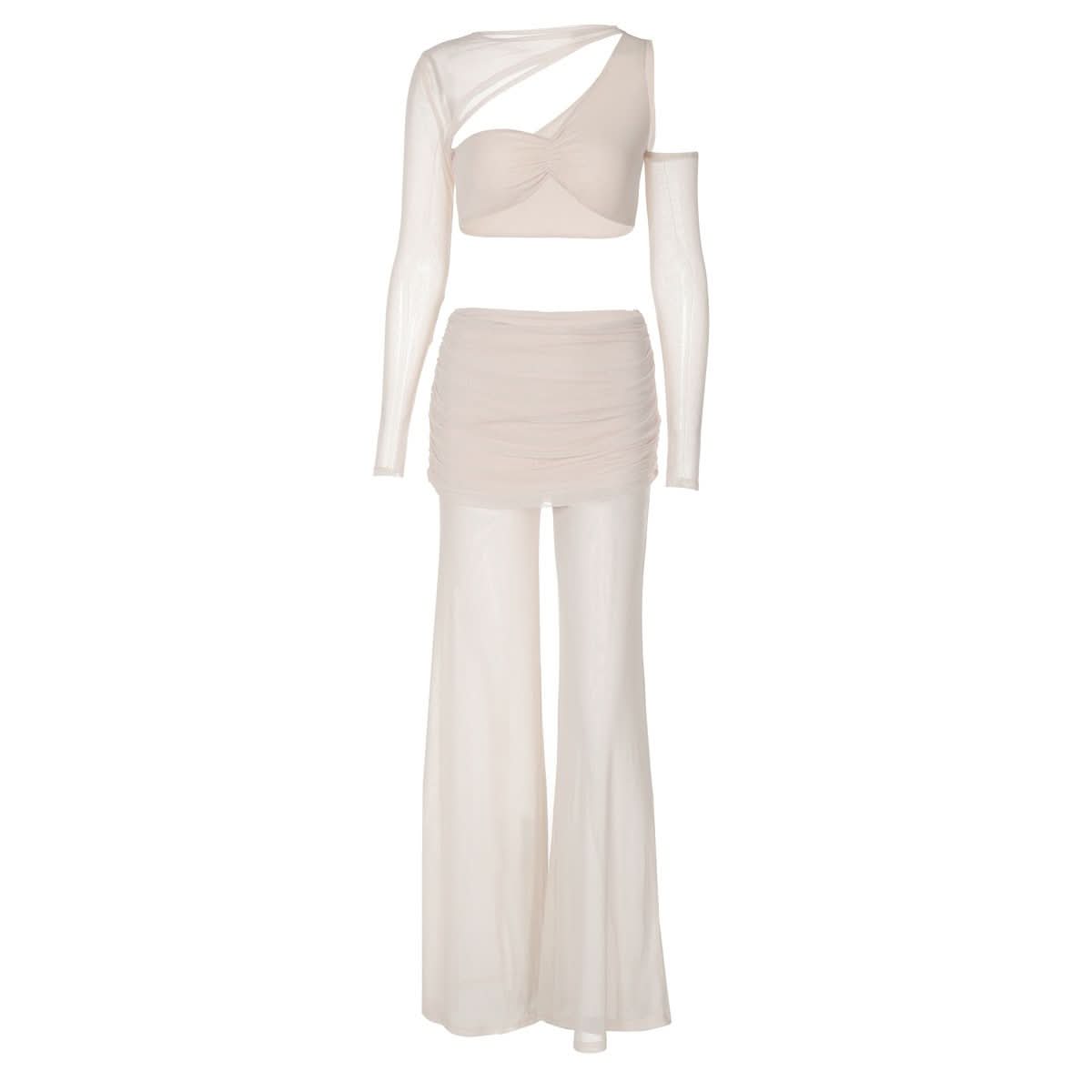 Long sleeve mesh patchwork ruched maxi skirt set-final-sale