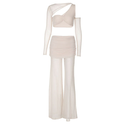 Long sleeve mesh patchwork ruched maxi skirt set-final-sale