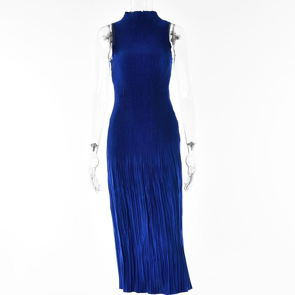 Plisse Pleated Mock Neck Sleeveless Bodycon Midi Dress