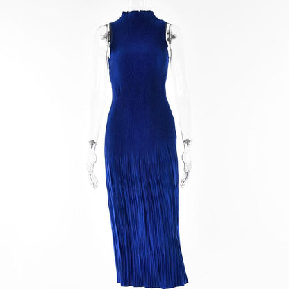 Plisse Pleated Mock Neck Sleeveless Bodycon Midi Dress