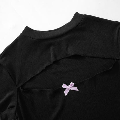 Short sleeve gloves hollow out bowknot crop cut out top
