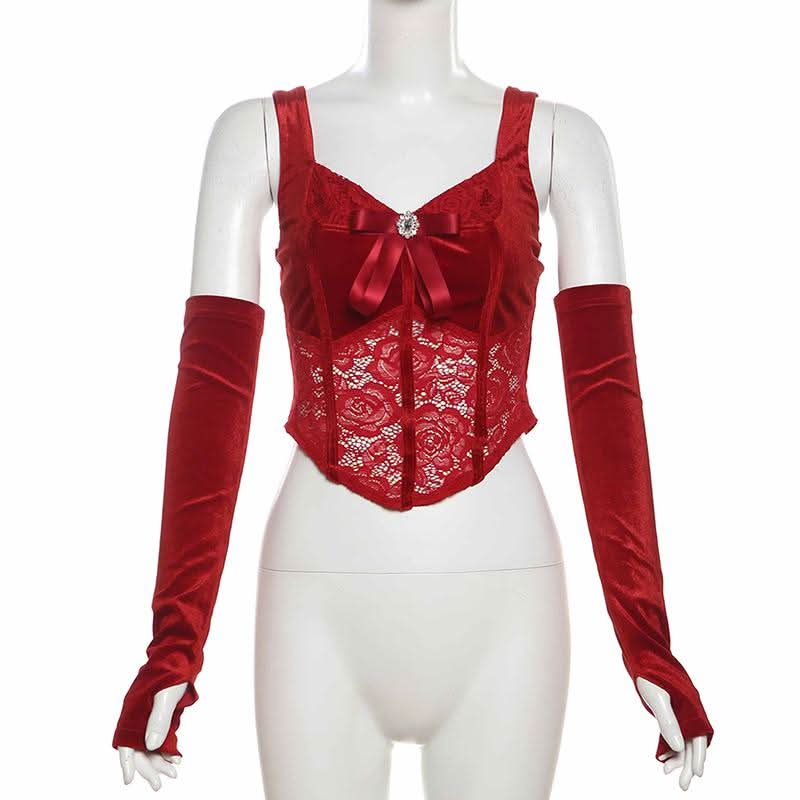Gloves bowknot lace velvet patchwork cami top-final-sale