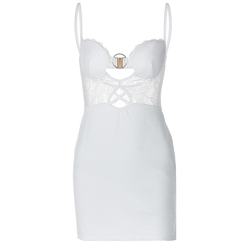 O ring lace ruched button backless cami mini dress