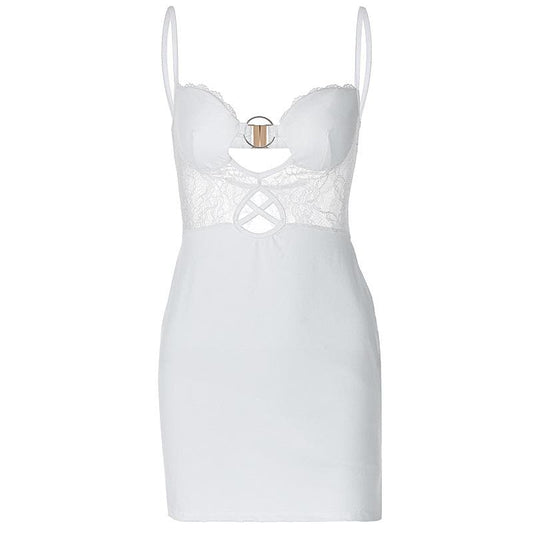 O ring lace ruched button backless cami mini dress