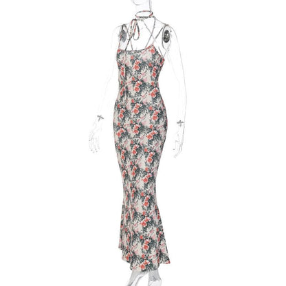 Floral Print Spaghetti Strap Scoop Neck Tie Neck Bodycon Maxi Dress
