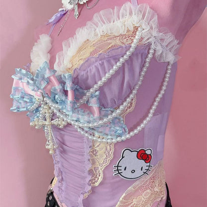 Bowknot beaded "Hello Kitty" pattern mesh cami top