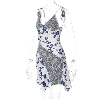 Lace v neck print patchwork ruffle cami mini dress