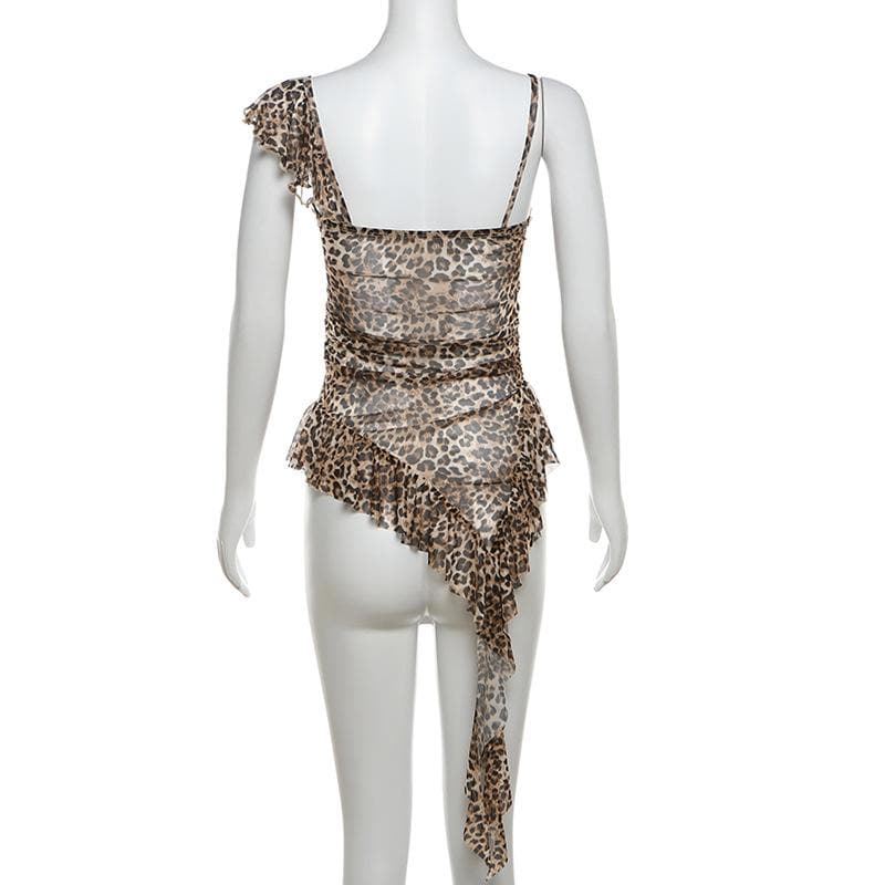 Leopard print flower applique irregular ruffle cami top