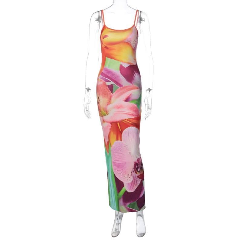 Flower print contrast u neck backless slit cami maxi dress-final-sale