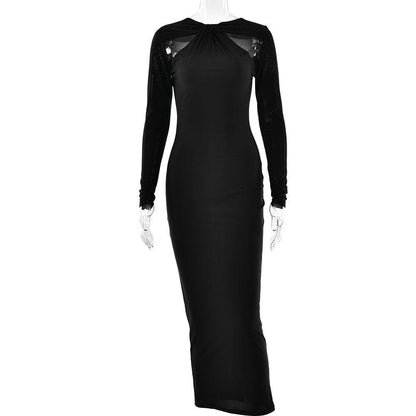 Long sleeve beaded zip-up hollow out patchwork cut out maxi dress