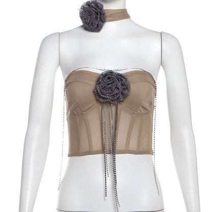 Beaded metal chain flower applique mesh tube top