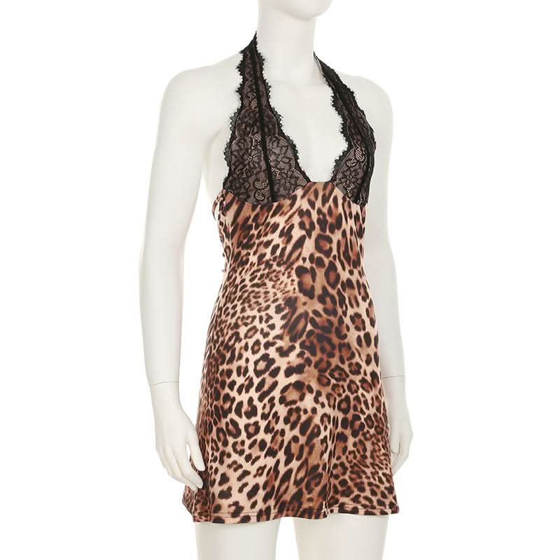 Halter leopard print backless lace mini dress