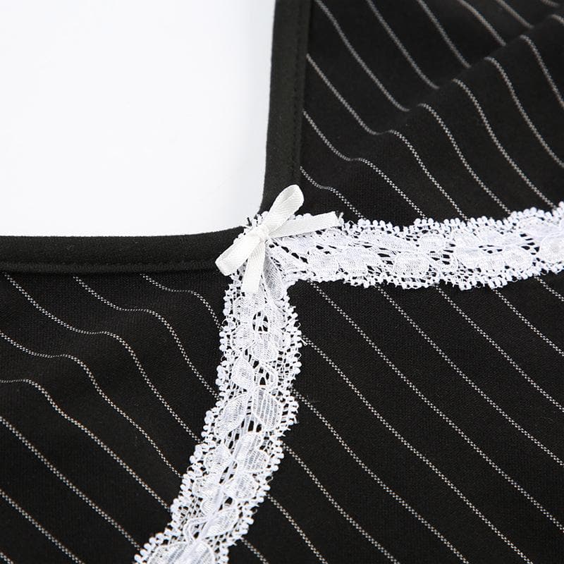 Bowknot lace hem striped v neck cami top