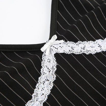 Bowknot lace hem striped v neck cami top