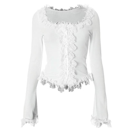 Long sleeve lace hem button ribbed u neck solid top