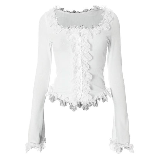 Long sleeve lace hem button ribbed u neck solid top
