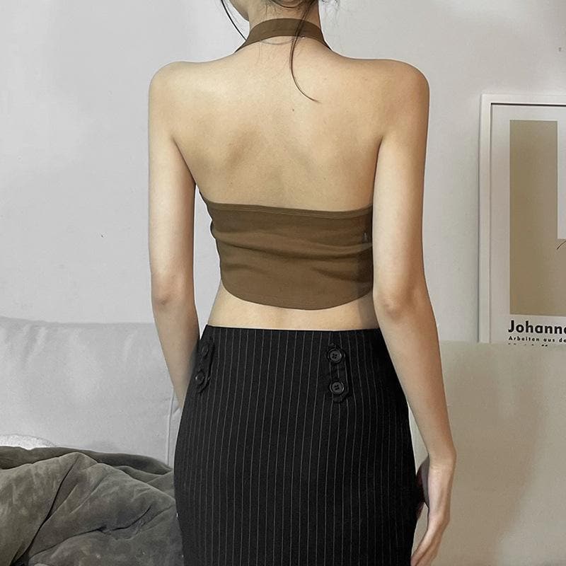 Lace up halter open back crop top