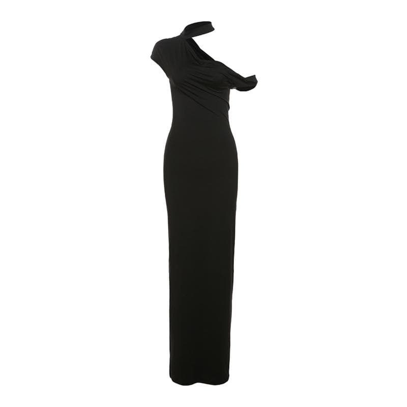 Short sleeve halter one shoulder irregular maxi dress