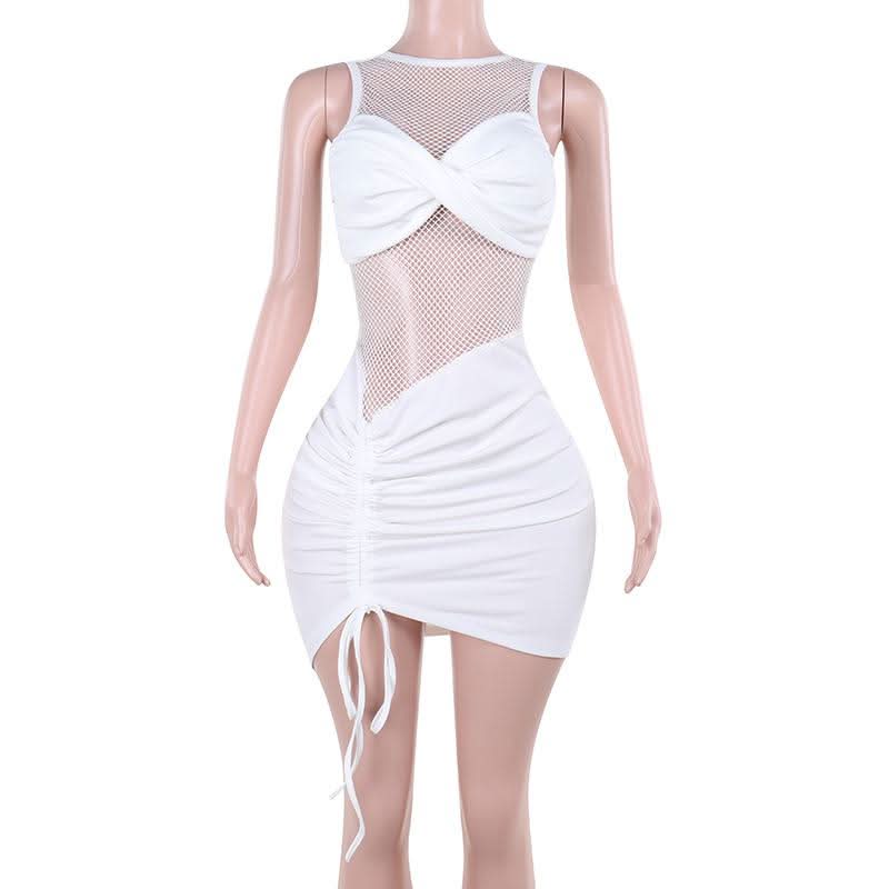 Ruched drawstring crewneck fishnet mini dress