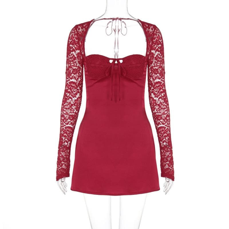 Long sleeve lace knotted ruched solid mini dress