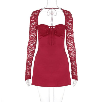 Long sleeve lace knotted ruched solid mini dress