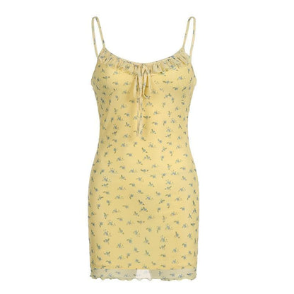 Ruched mesh ruffle self tie flower print cami mini dress