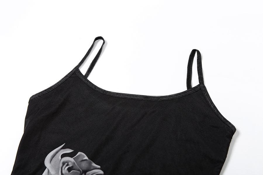 U neck backless rose print mesh cami maxi dress