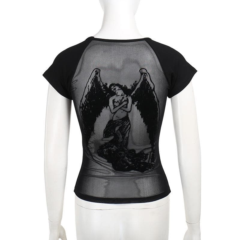 Short sleeve round neck print mesh top