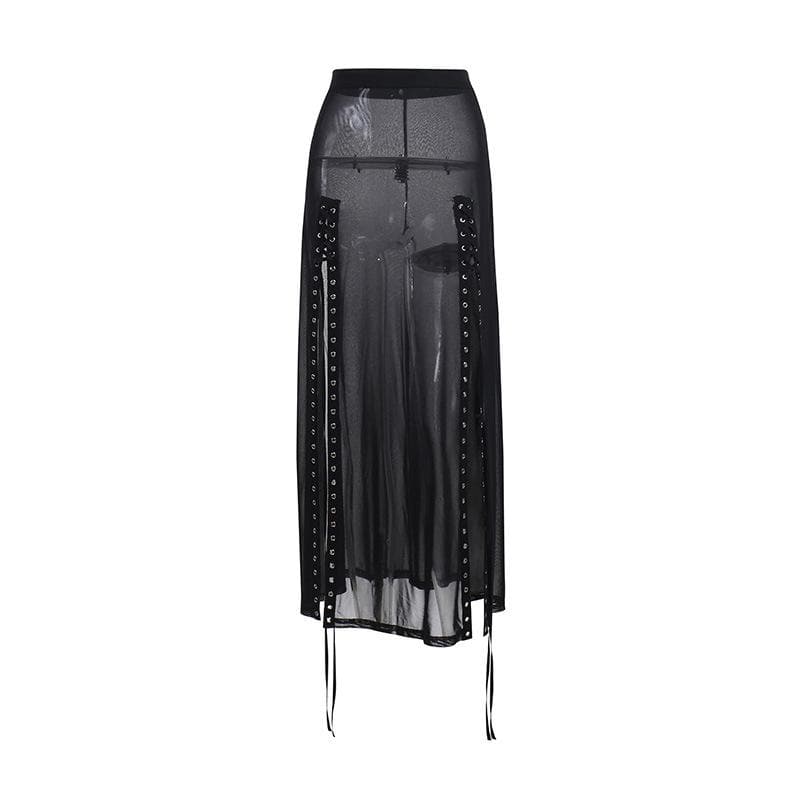 Sheer mesh see through lace up slit solid maxi skirt