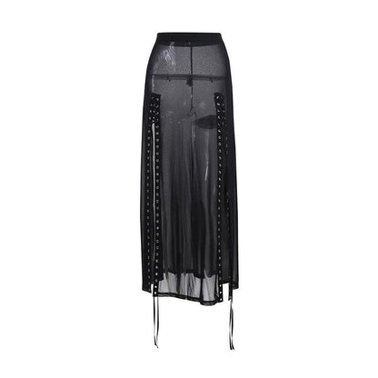 Sheer mesh see through lace up slit solid maxi skirt